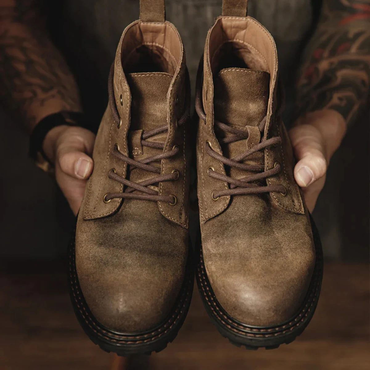 Men’s Waxed Suede Trail Work Boots – Vintage Finish, Leather-Lined Comfort