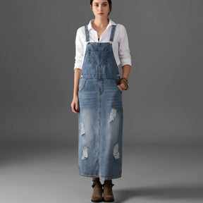 Gardaly Distressed Denim Pinafore with Back Split