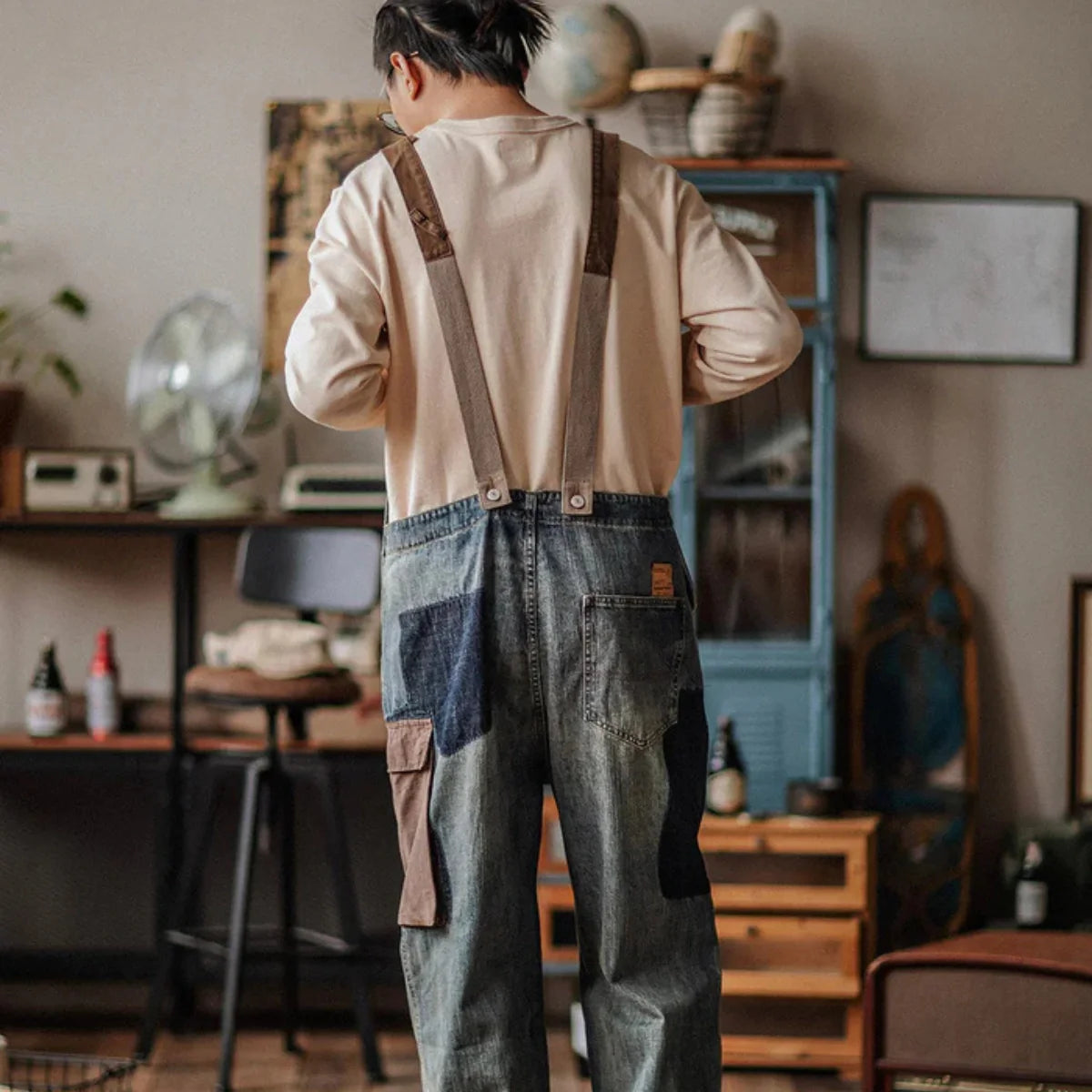 Gardaly Contrast-Panel Denim Overalls