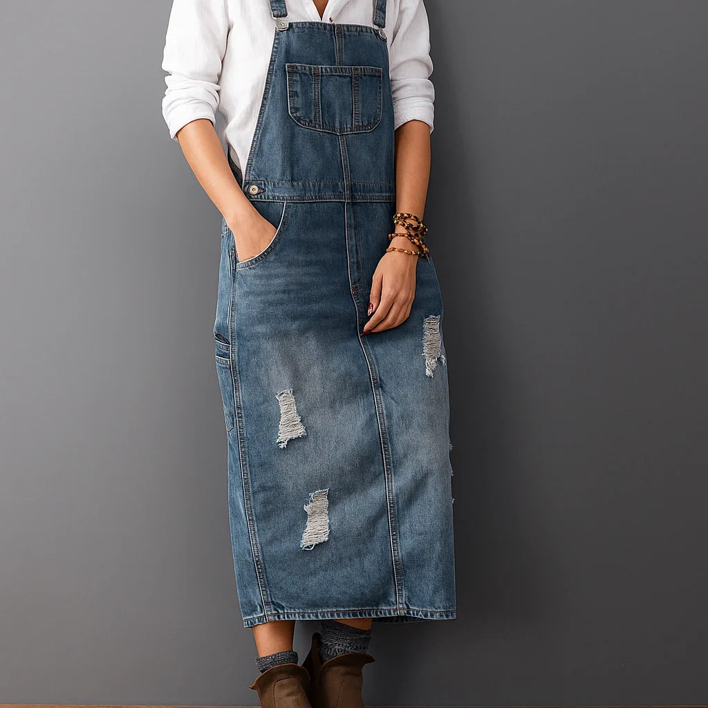 Gardaly Distressed Denim Pinafore with Back Split