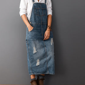 Gardaly Distressed Denim Pinafore with Back Split
