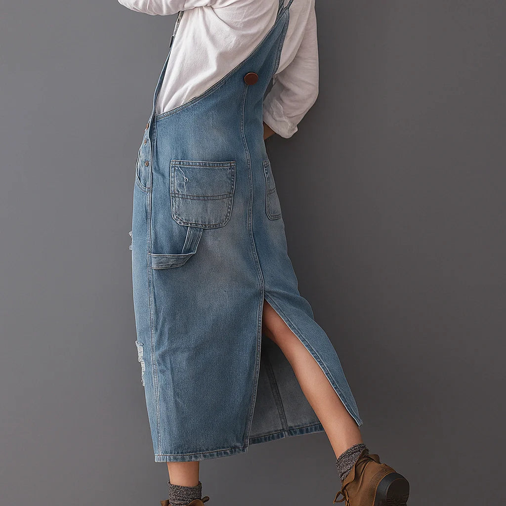 Gardaly Distressed Denim Pinafore with Back Split