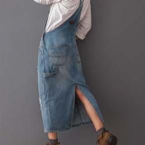 Gardaly Distressed Denim Pinafore with Back Split