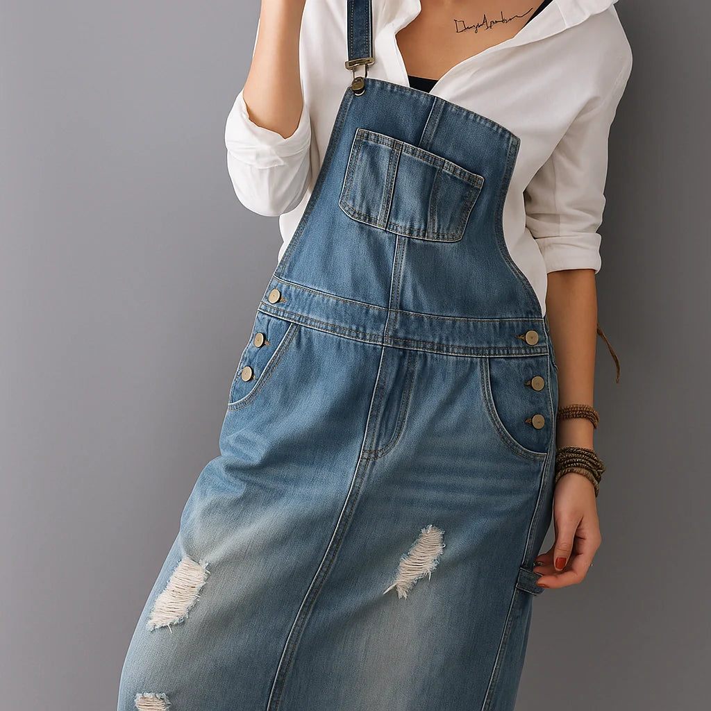 Gardaly Distressed Denim Pinafore with Back Split