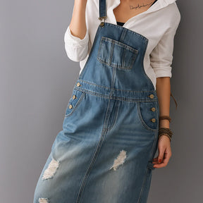 Gardaly Distressed Denim Pinafore with Back Split