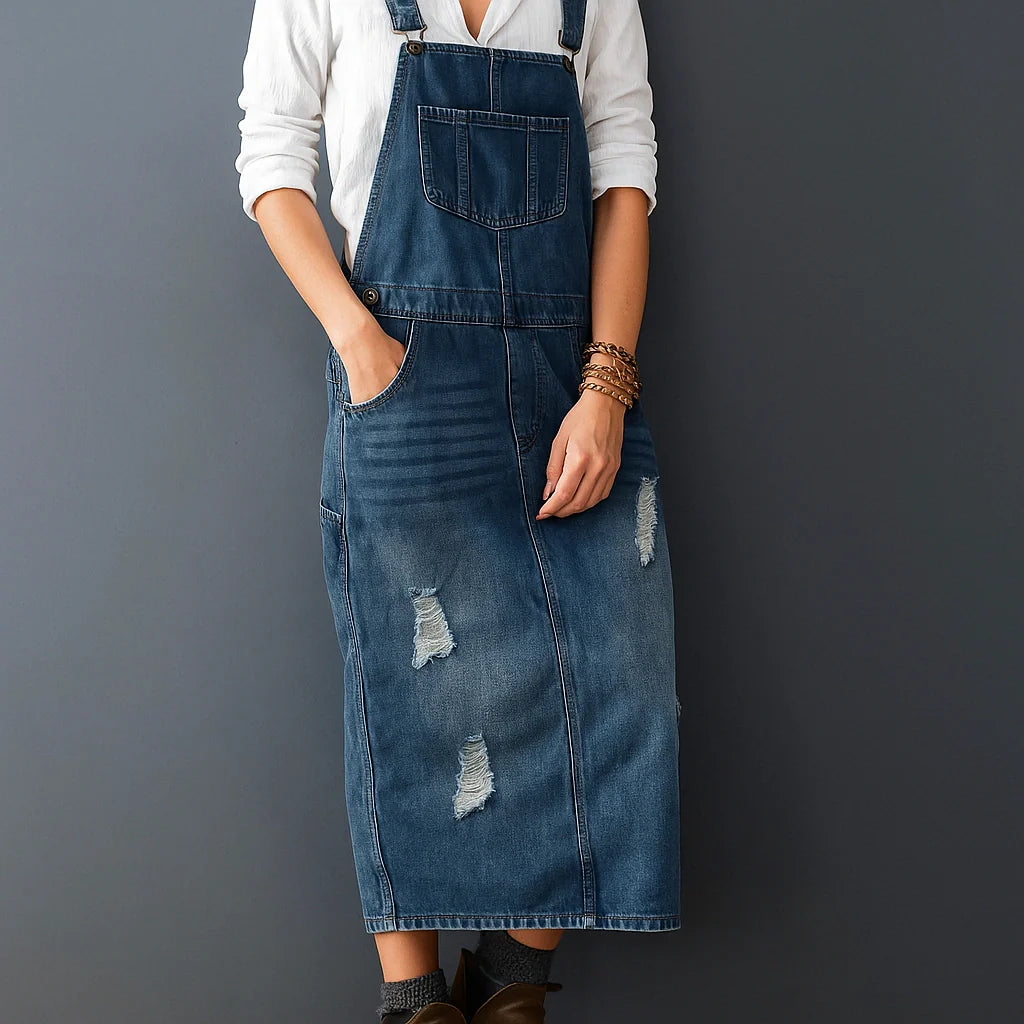 Gardaly Distressed Denim Pinafore with Back Split
