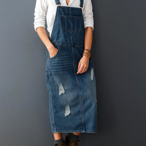 Gardaly Distressed Denim Pinafore with Back Split