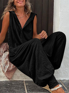 Gardaly Half-Placket Hooded Sleeveless Jumpsuit