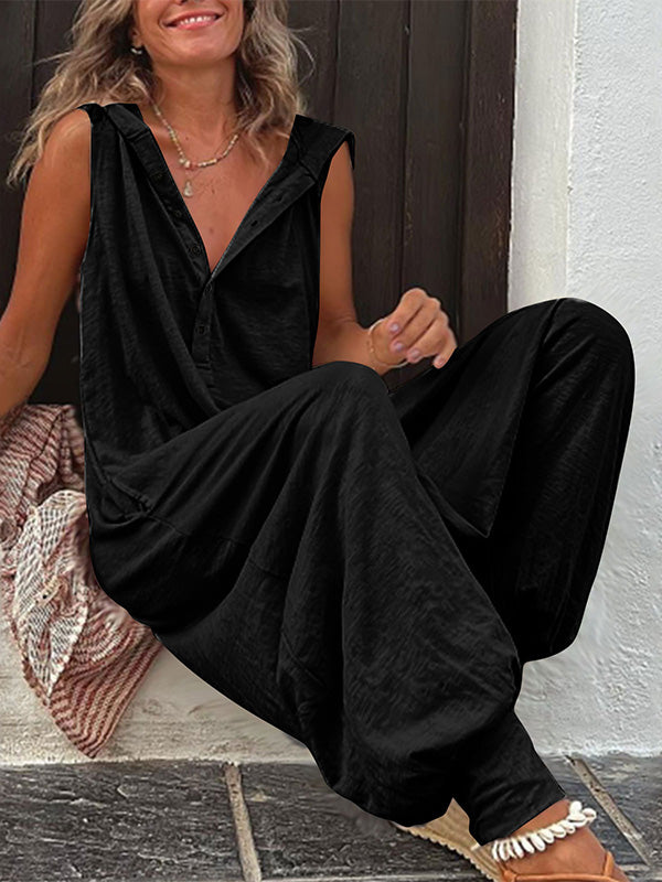 Gardaly Half-Placket Hooded Sleeveless Jumpsuit